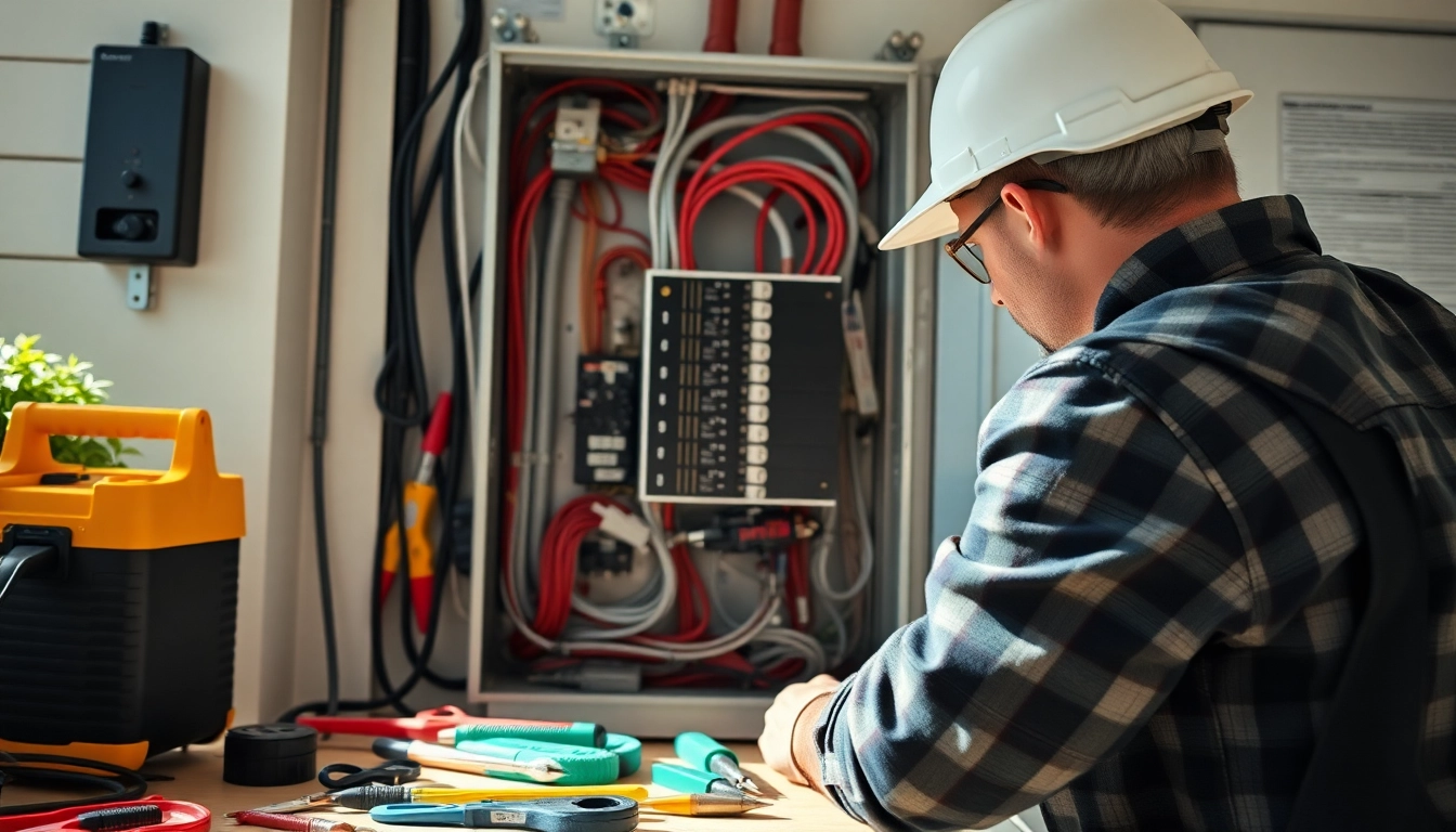 Electrician working on an Electrical Panel Clearwater with tools and safety gear.