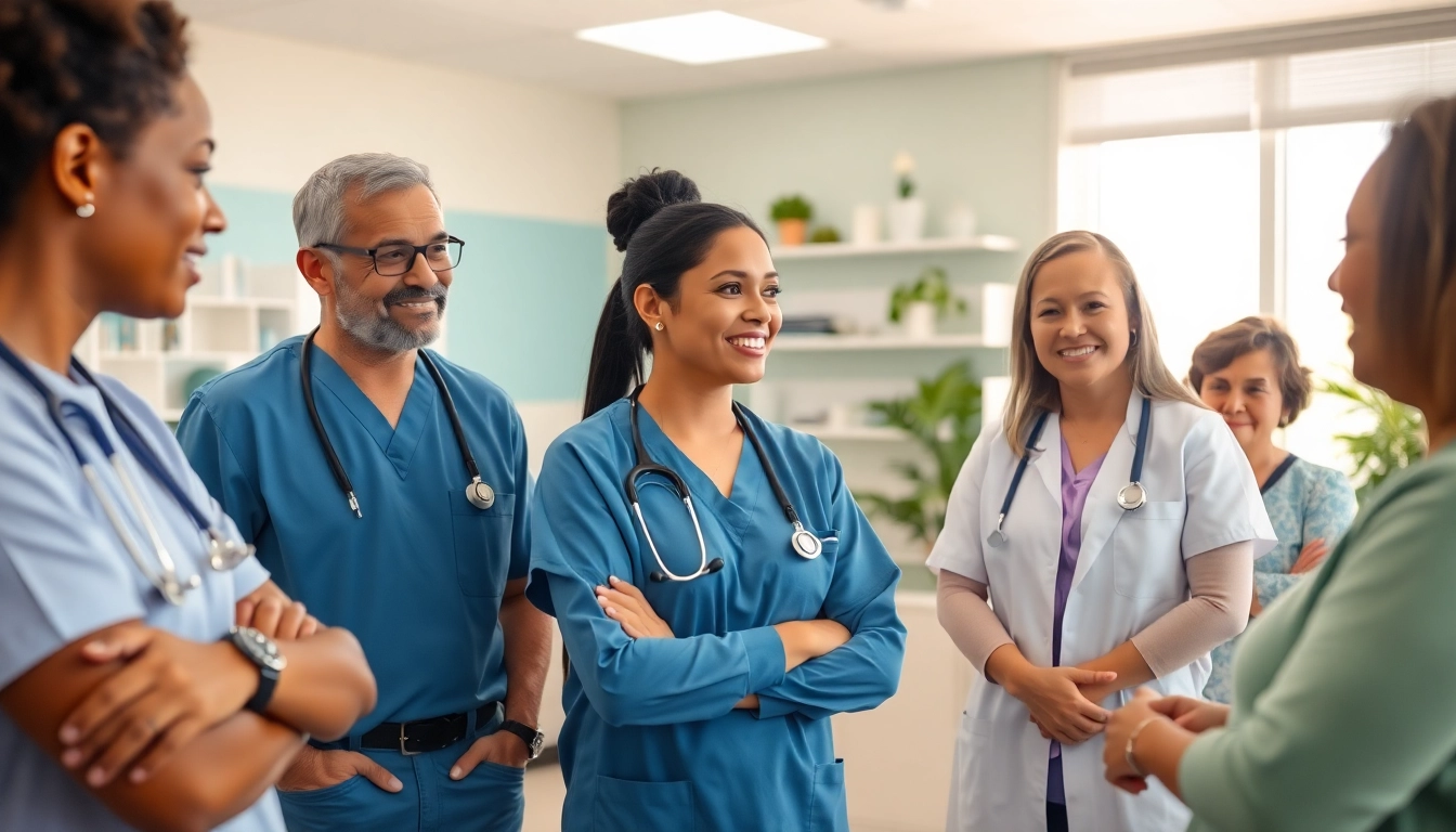 Engaged healthcare support service team providing personalized care in a calming clinic environment.