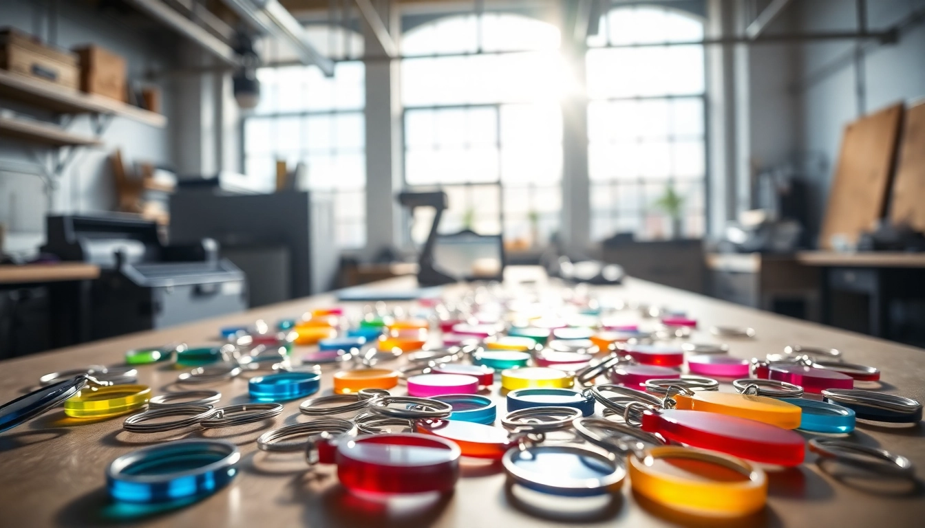 Acrylic keychain maker crafting colorful, custom designs in a bright workshop.