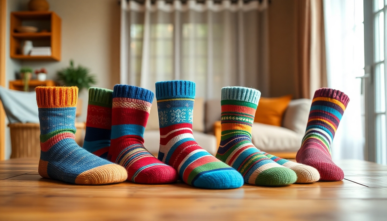 Vibrant display of 5 Pairs Mixed Socks showcasing unique patterns and colors on a wooden table.