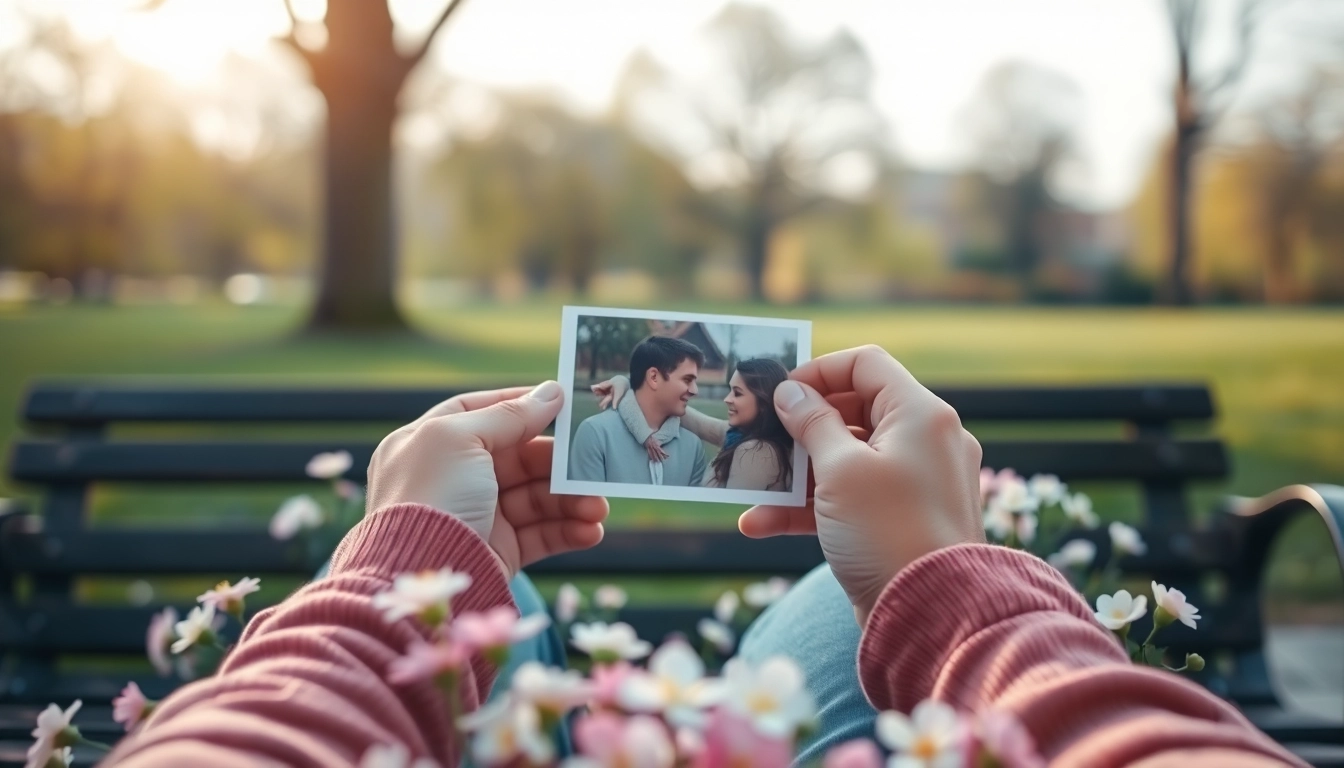 Person reflecting on dealing with grief while holding a photograph in a serene park setting.