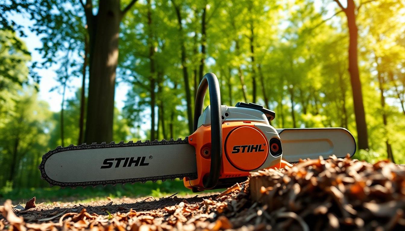 Stihl Kettensäge im Vordergrund, beeindruckendes Design und Funktionalität durch sanfte Lichtverhältnisse.