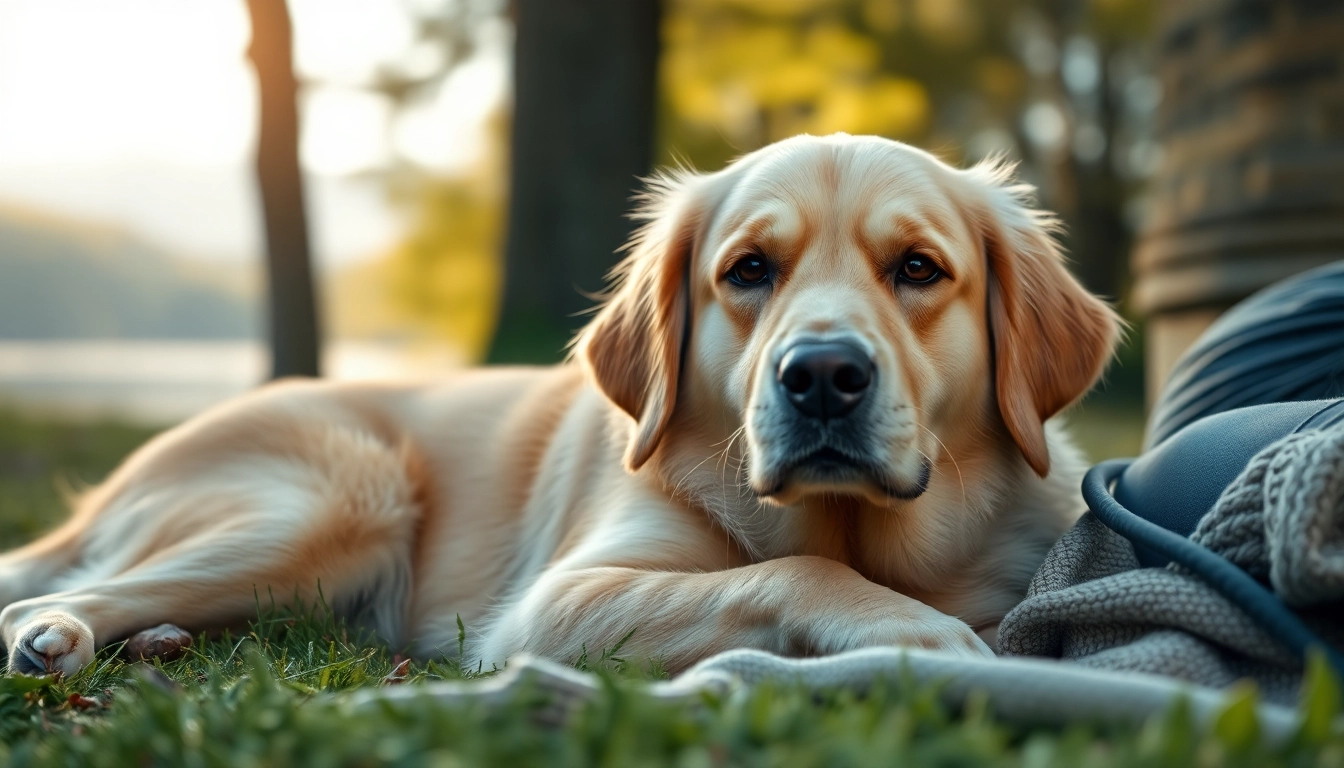 A PTSD dog, a golden retriever, lies peacefully beside its owner in a soothing outdoor landscape.