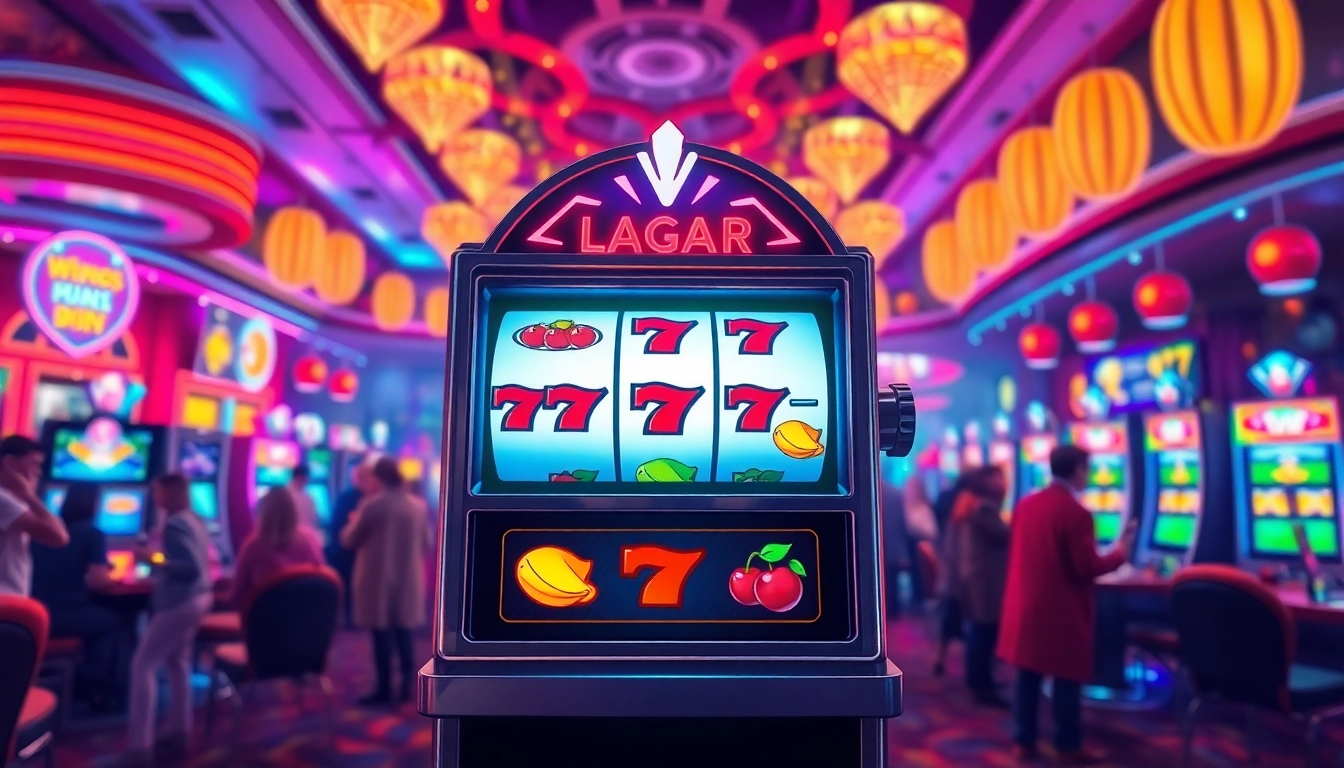 Mainkan game slot dengan mesin slot berwarna-warni yang bersinar di kasino.