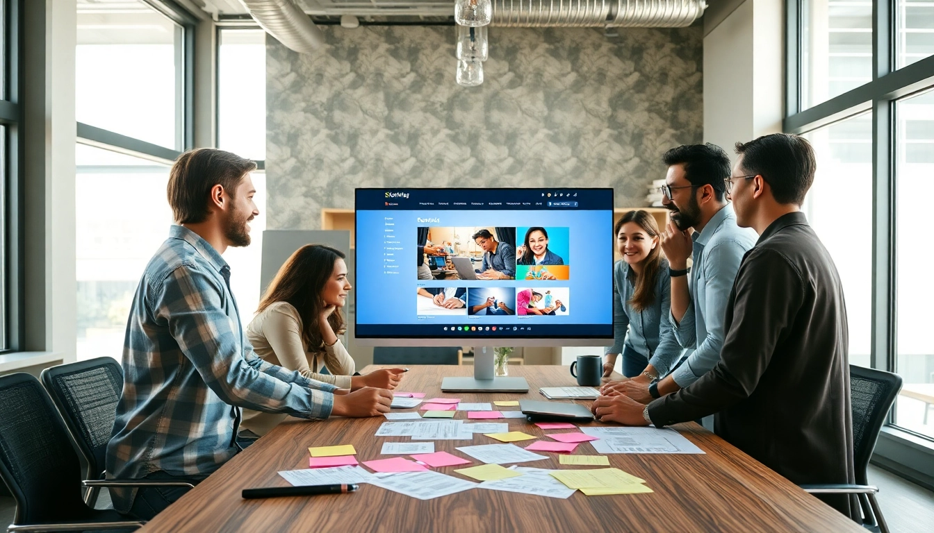 Team engaged in web development project collaboration with vibrant design elements.