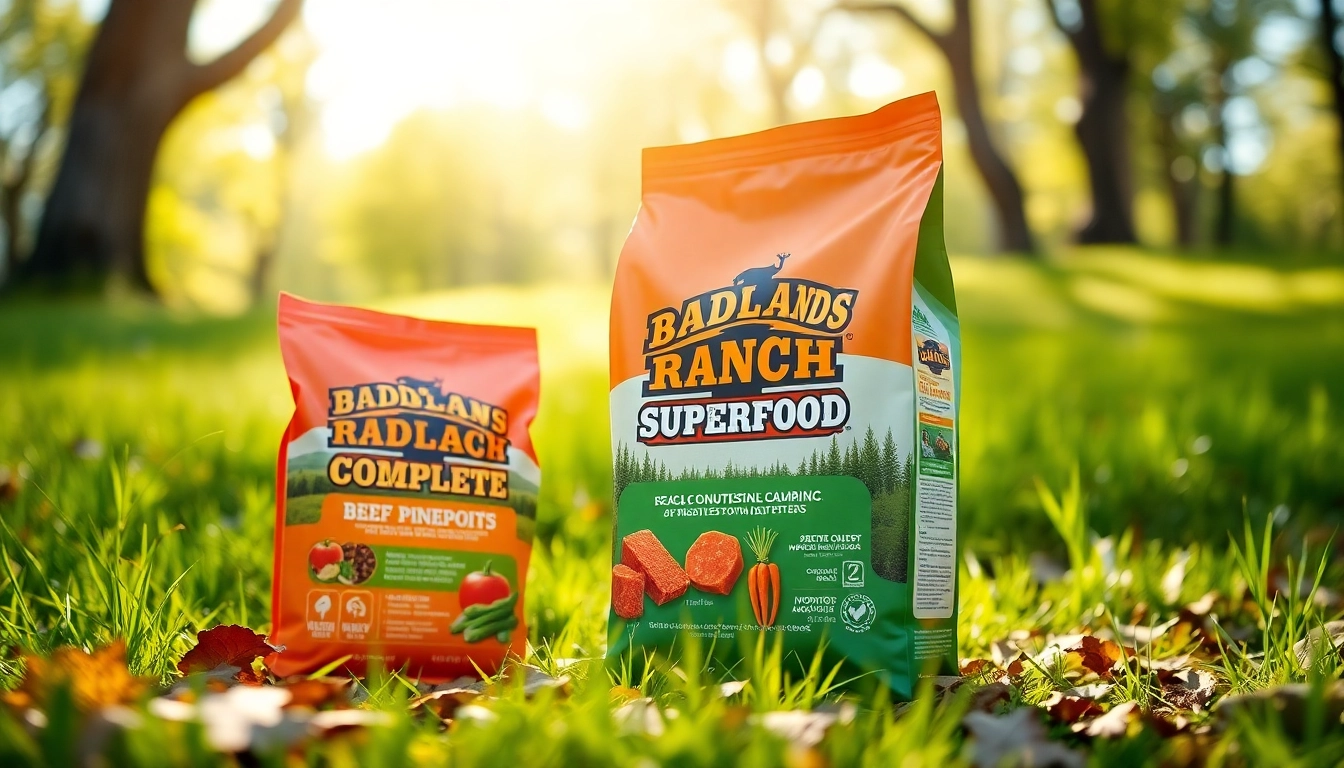 Showcase of Badlands Ranch Superfood Complete dog food in a natural setting with vibrant colors.