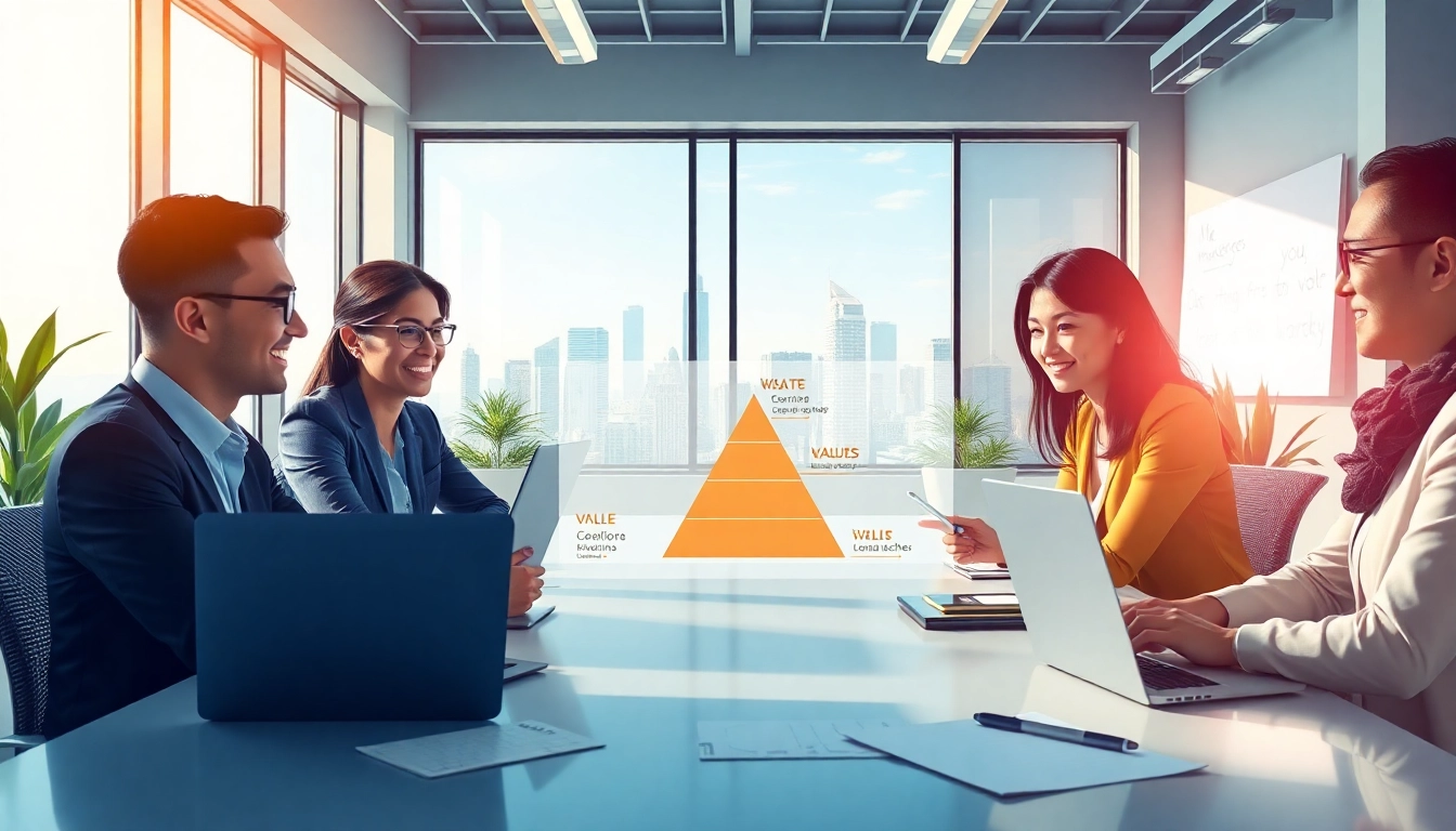 Enhance your marketing strategy using Russell Brunson’s value ladder illustration depicting a dynamic business meeting.