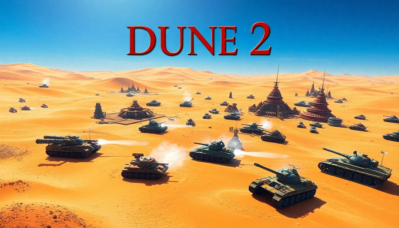 Engaging Dune 2 game scene showcasing dynamic tanks and desert terrain in an action-packed setting.