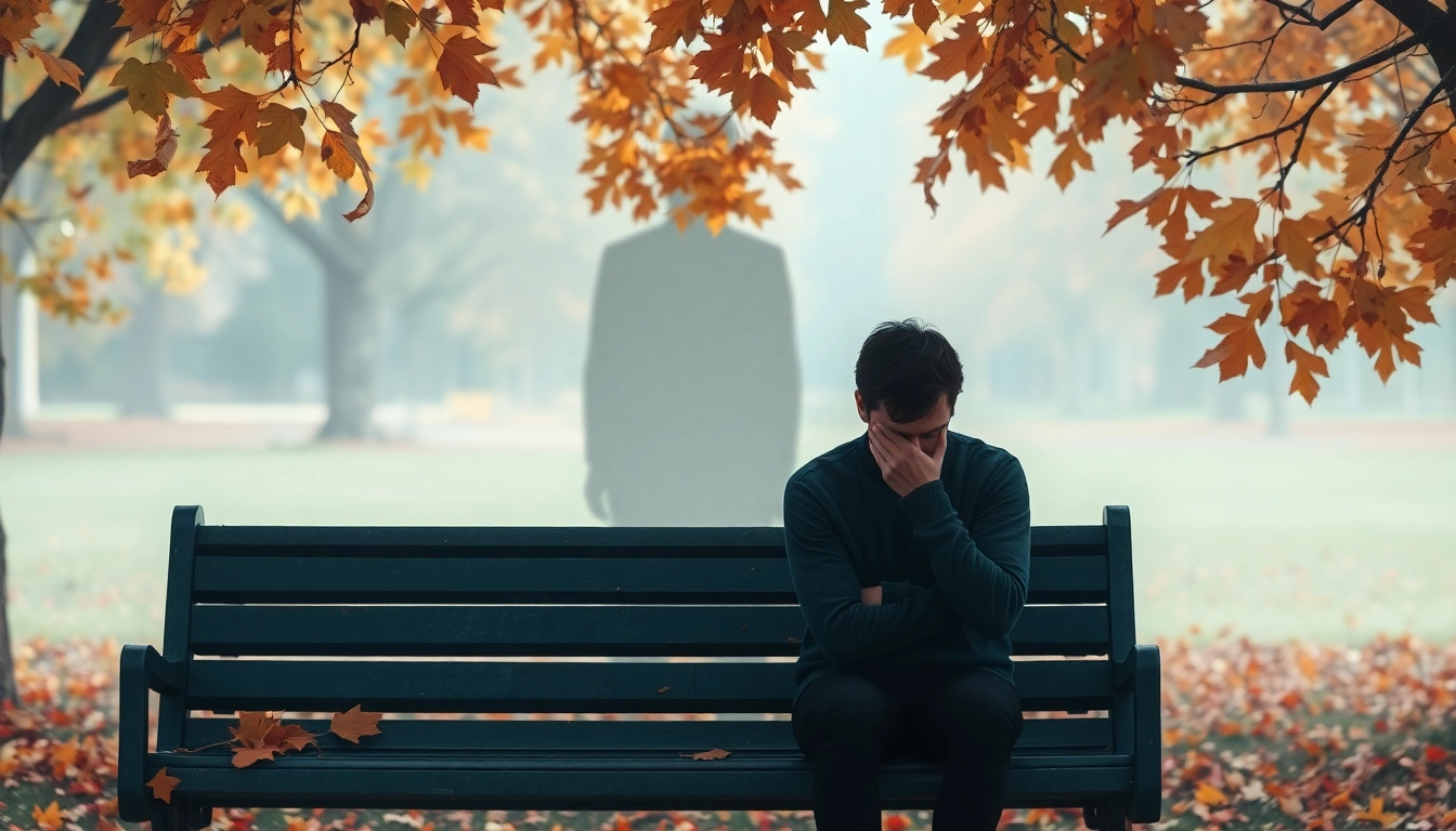 Someone experiencing anxiety sitting alone on a park bench amidst autumn leaves.