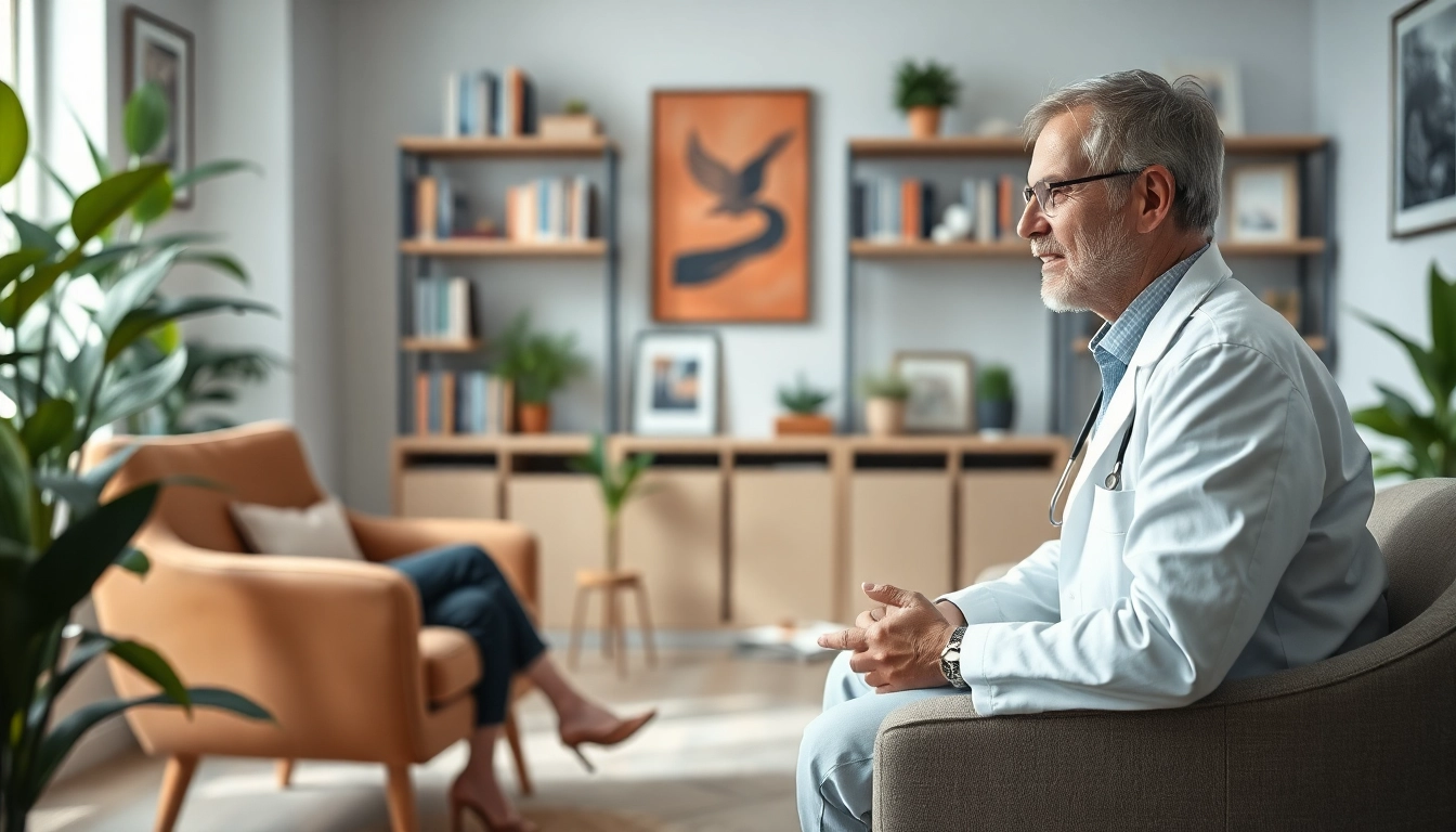 Trustworthy psychiatrist communicating with a client in a cozy, serene therapy office