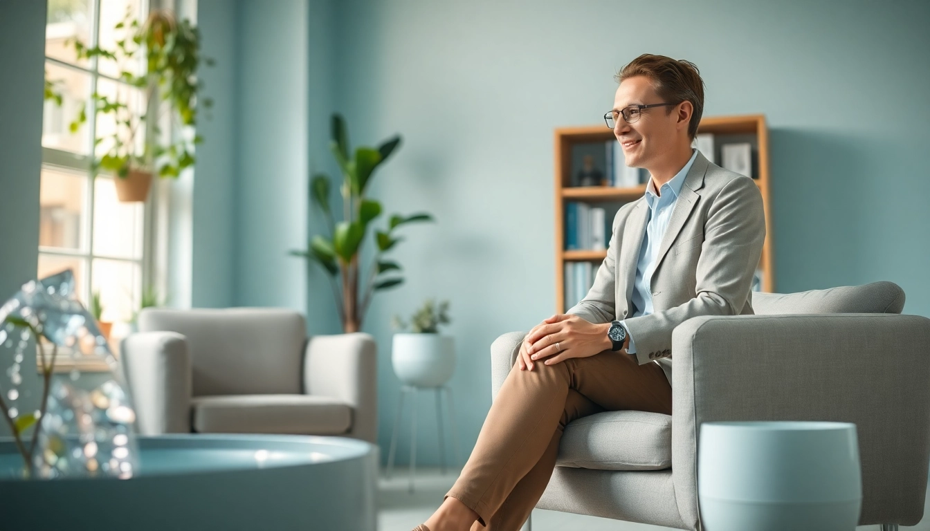 Engaging session on dealing with stress in a warm, inviting therapist's office.