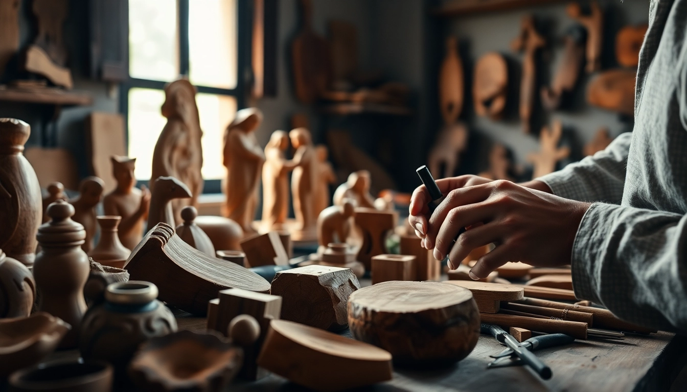 Olive wood carvings displayed artistically in a cozy workshop setting, highlighting craftsmanship.