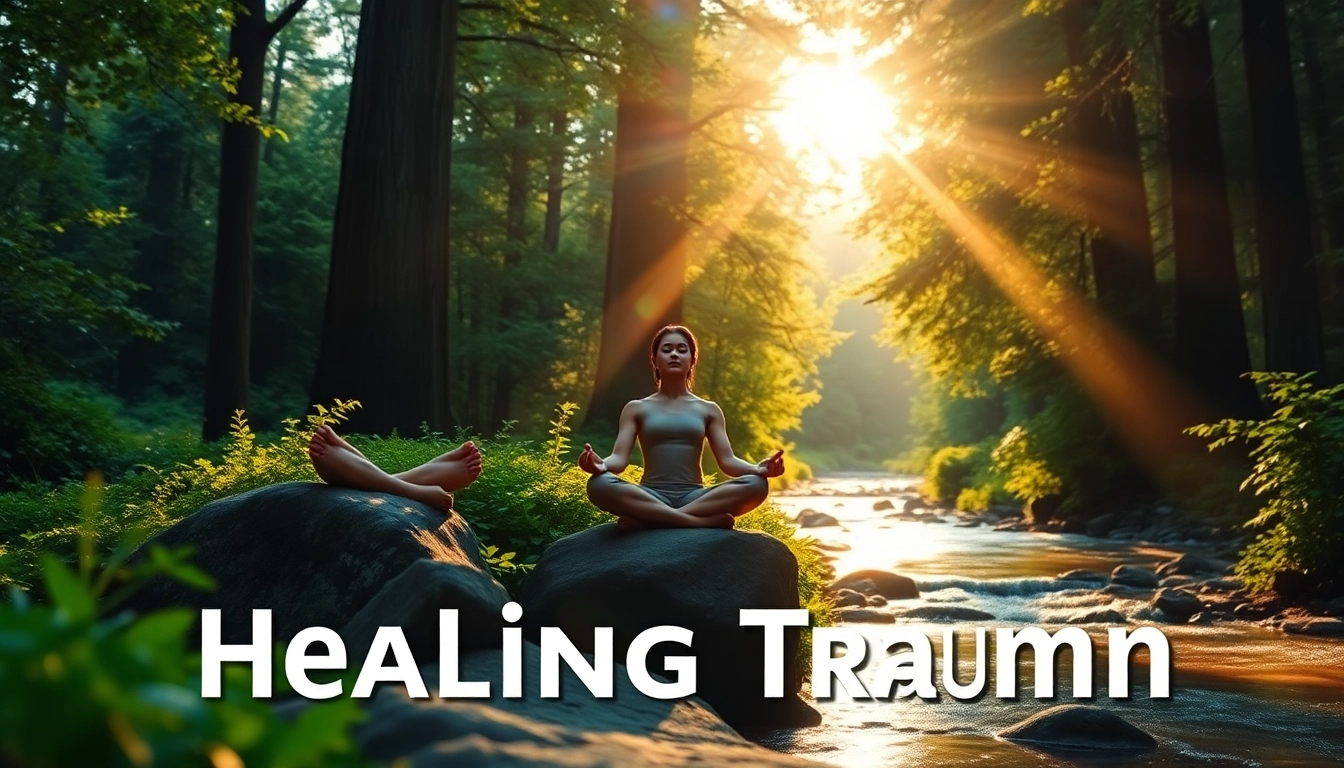 Practicing mindfulness for healing trauma in a serene forest environment, creating tranquility.