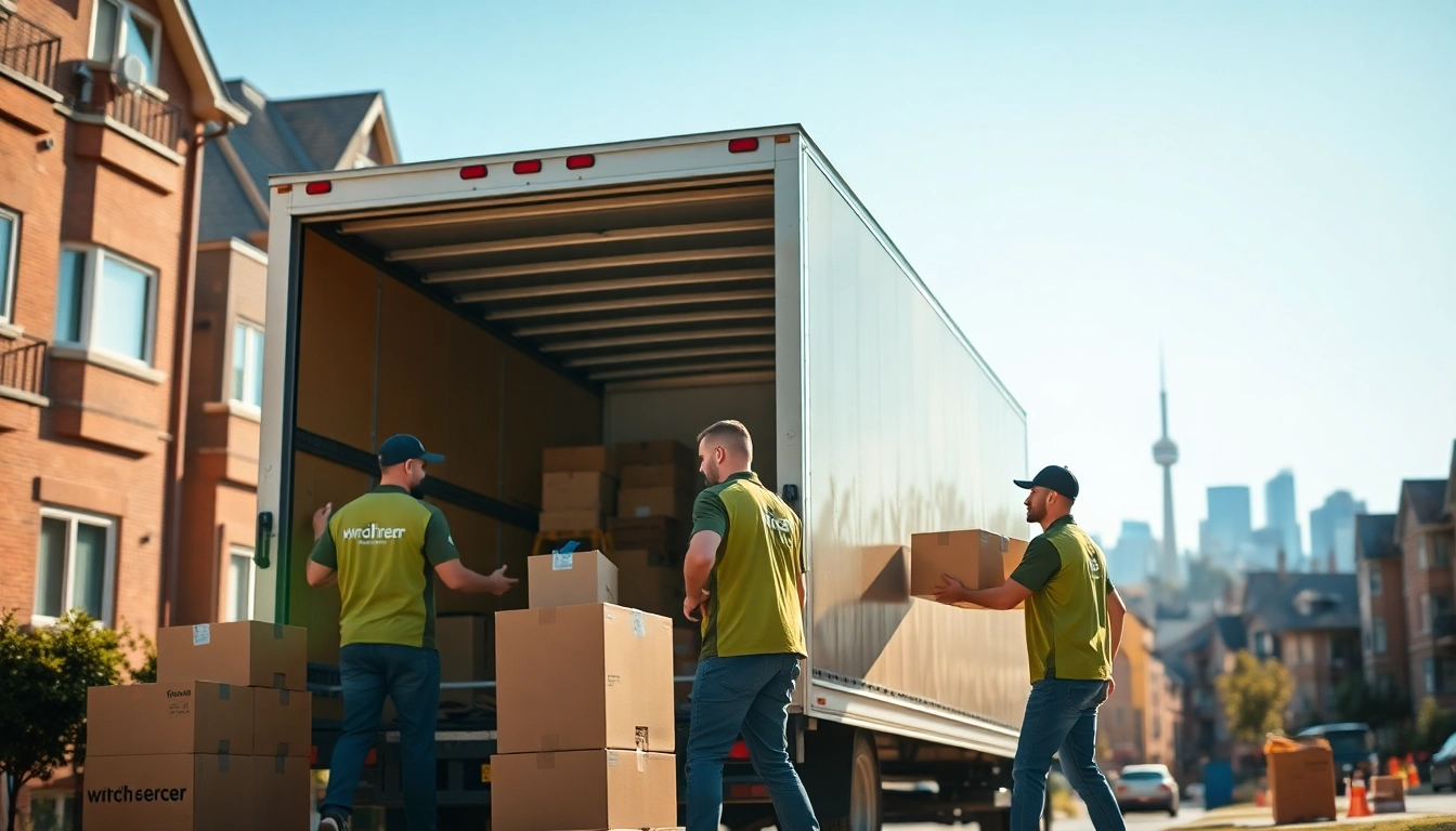 Local Toronto movers efficiently loading boxes into a truck in a vibrant neighborhood setting.