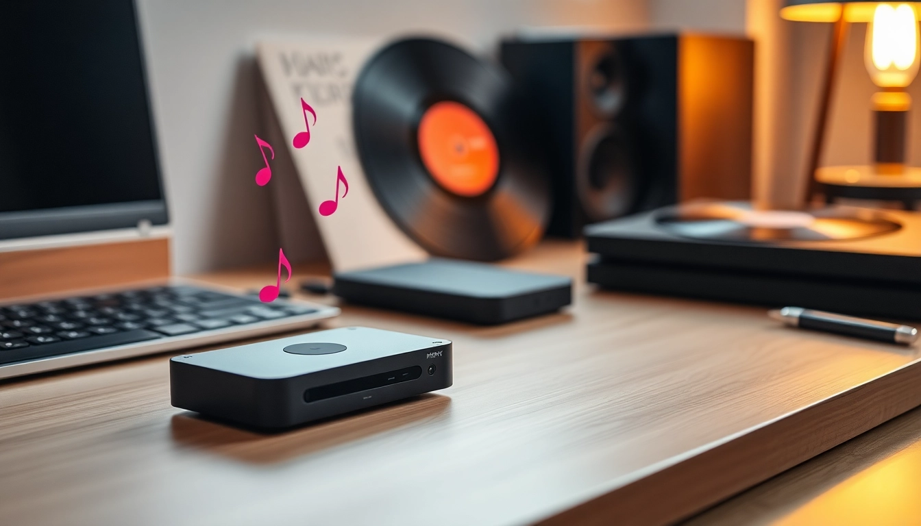 Highlight contemporary MP3 player on a sleek desk setup at https://hardwareplayer.com, emphasizing modern design.